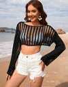 Openwork Boat Neck Long Sleeve Cover-Up