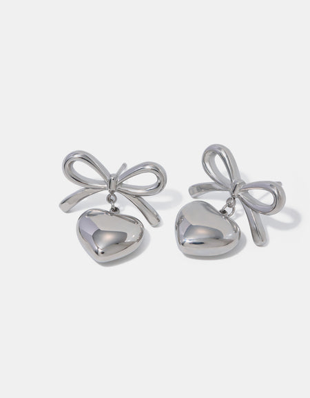 Stainless Steel Bow & Heart Drop Earrings