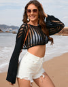 Openwork Boat Neck Long Sleeve Cover-Up