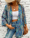 Printed Open Front Three-Quarter Sleeve Cover Up