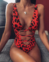 Lace-Up Backless Plunge One-Piece Swimwear