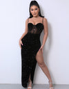 Sequin Spliced Mesh Adjustable Strap Dress