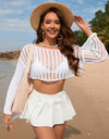 Openwork Boat Neck Long Sleeve Cover-Up