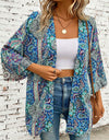 Printed Open Front Three-Quarter Sleeve Cover Up