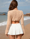 Drawstring Openwork Long Sleeve Cover-Up