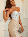 Contrast Rhinestone Lace-Up Strapless Bandage Dress