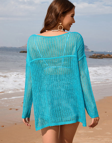 Openwork Slit Boat Neck Long Sleeve Cover-Up