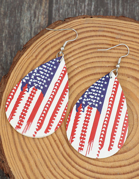 PU Leather US Flag Teardrop Shape Earrings