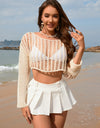 Openwork Boat Neck Long Sleeve Cover-Up