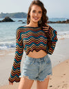 Striped Boat Neck Long Sleeve Cover Up