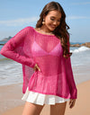 Openwork Slit Boat Neck Long Sleeve Cover-Up