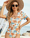 Cutout Printed Short Sleeve One-Piece Swimwear