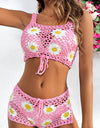 Flower Cutout Wide Strap Two-Piece Cover Up