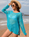 Openwork Slit Boat Neck Long Sleeve Cover-Up