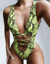 Lace-Up Backless Plunge One-Piece Swimwear