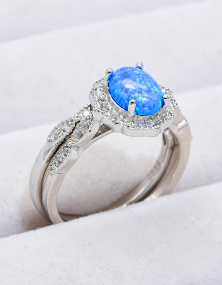 2-Piece 925 Sterling Silver Opal Ring Set