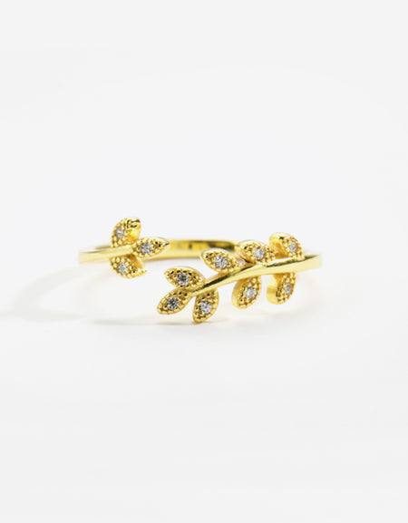 Inlaid Zircon Leaf-Shaped Open Ring