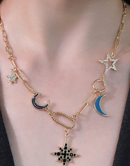 Star and Moon Rhinestone Alloy Necklace