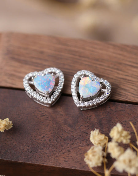 925 Sterling Silver Opal Heart Stud Earrings