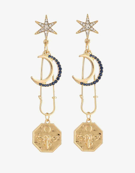 Inlaid Rhinestone Moon and Star Drop Earrings