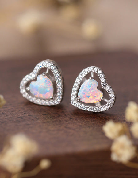 925 Sterling Silver Opal Heart Stud Earrings