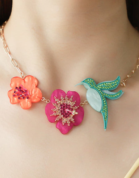 Flower & Bird Rhinestone Decor Necklace