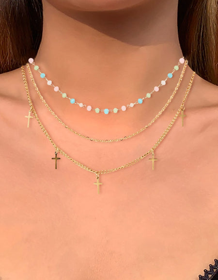 18K Gold Plated Cross Pendant Triple-Layered Necklace