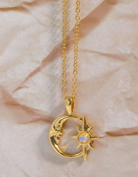 Copper 14K Gold Pleated Moon & Star Shape Pendant Necklace