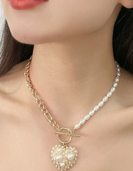 Heart Pendant Half Chain Half Pearl Necklace