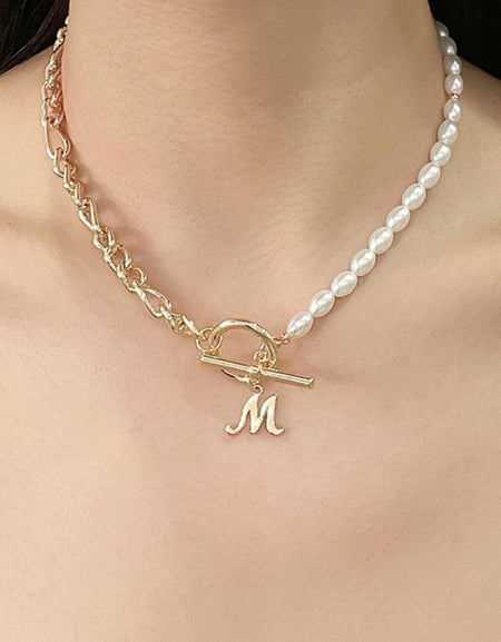 Alphabet M Pendant Half Pearl and Half Chain Necklace