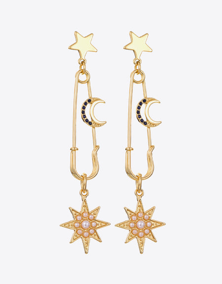 Inlaid Pearl Star and Moon Drop Earrings