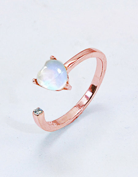 Inlaid Moonstone Heart Adjustable Open Ring