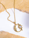 Copper 14K Gold Pleated Moon & Star Shape Pendant Necklace